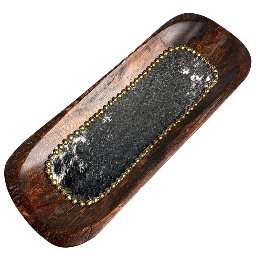 Western Dough Bowl Wood Leather Hair On Cowhide Metal Bead Brass Tack Rustic